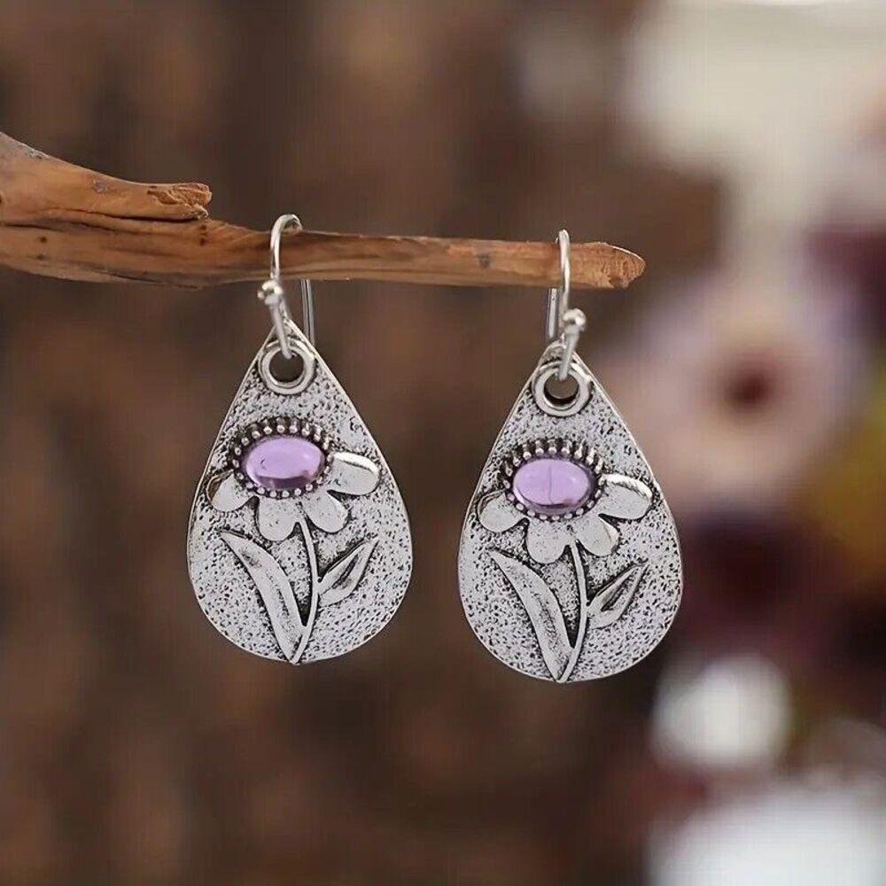 BOHO Teardrop Synth Amethyst and Flower Design Earrings